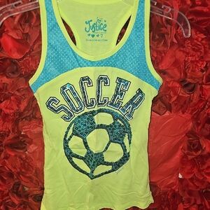 Justice Vibrant Yellow and Blue Soccer Racerback Tank Top Size 7 LIKE NEW